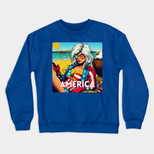 American Female Superhero Summer Beach Eagle Patriotic Crewneck Sweatshirt